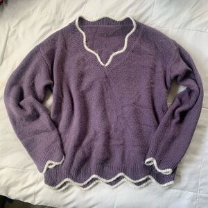 Purple Scallop-Trim V-Neck Sweater